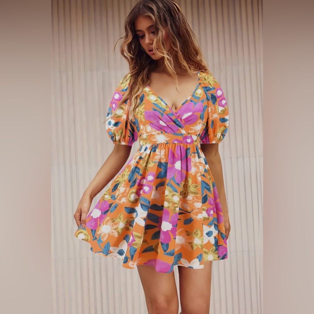 Orange Floral Tie Back Mini Dress